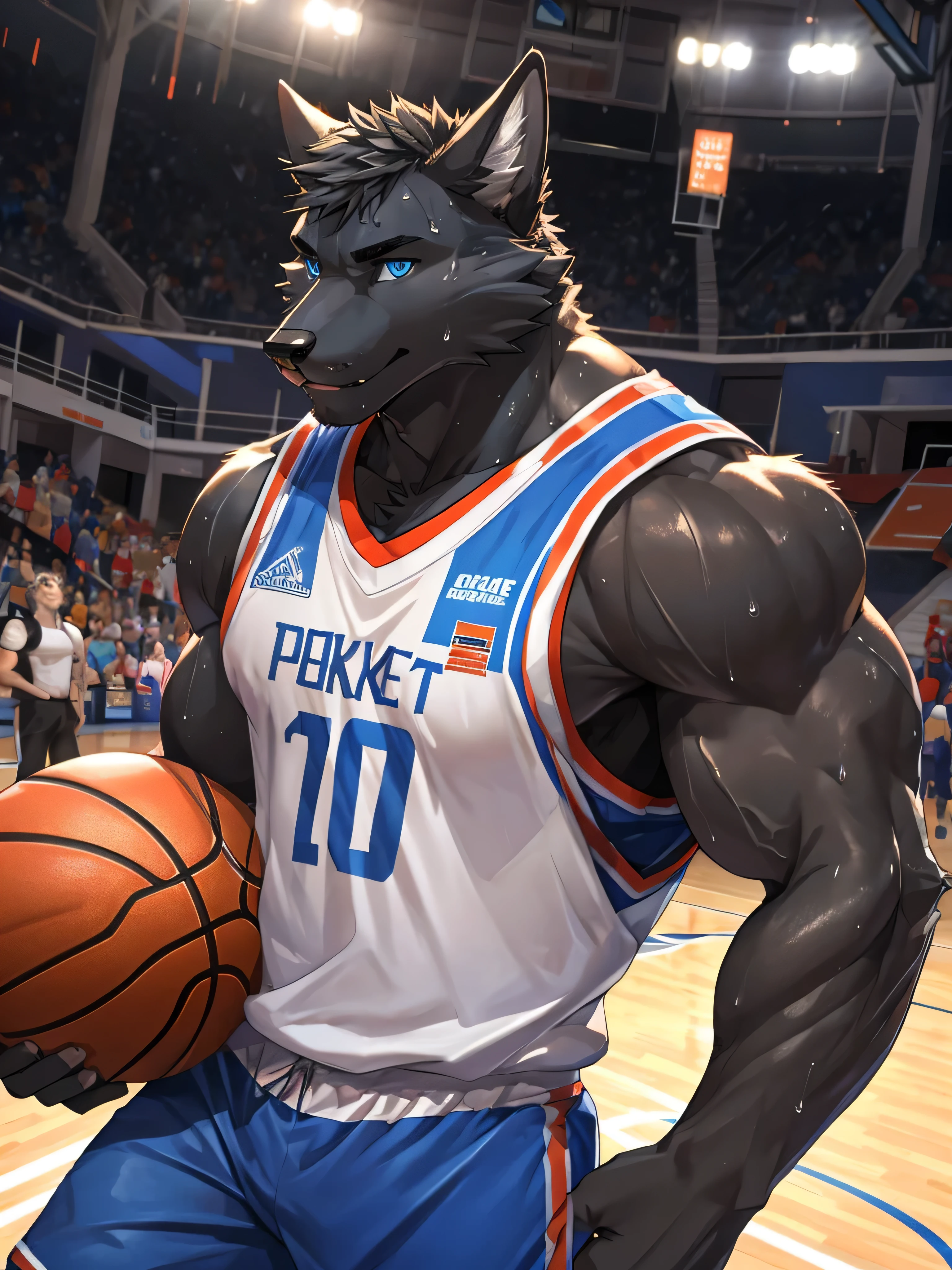 Furry,black fur fox,neon blue eyes(Realistic eye detail),Have muscles(Perfect muscle details),perfect anatomy,Handsome and seductive face,Wear basketball uniform,playing basketball on the court,Sweat stains all over the body,HDR,8K