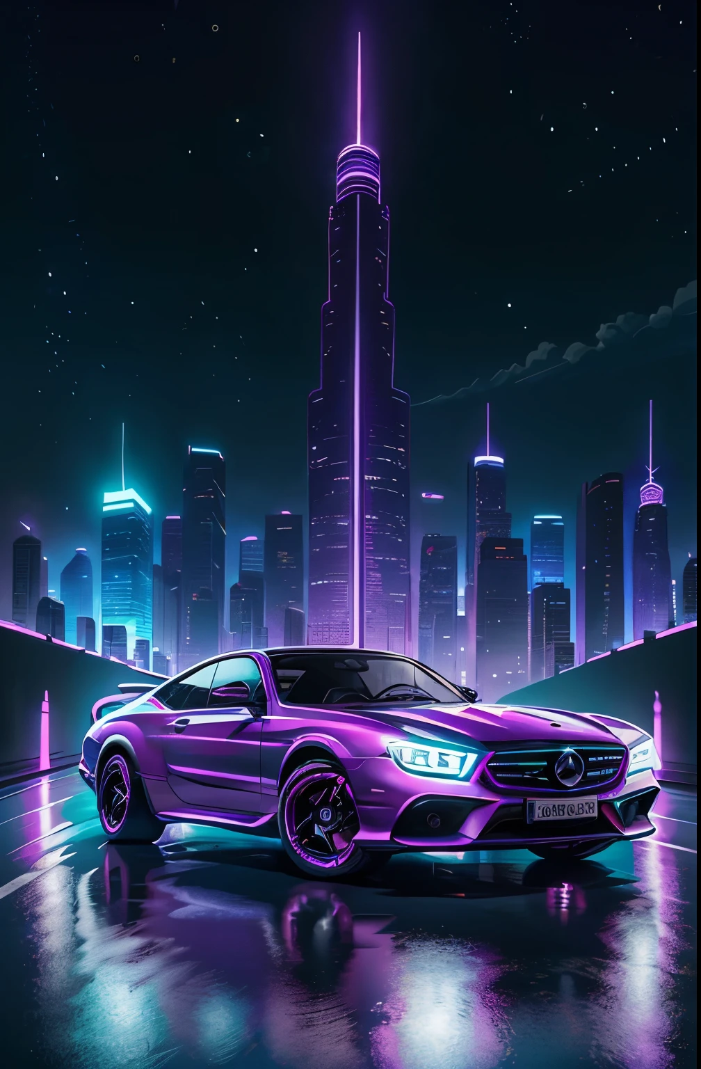 retroonda. cidade, 2024 Mercedes Benz, kit de corpo largo, estrada, purple neon lights, sol, montanha, 
(obra-prima, detalhada, highres),