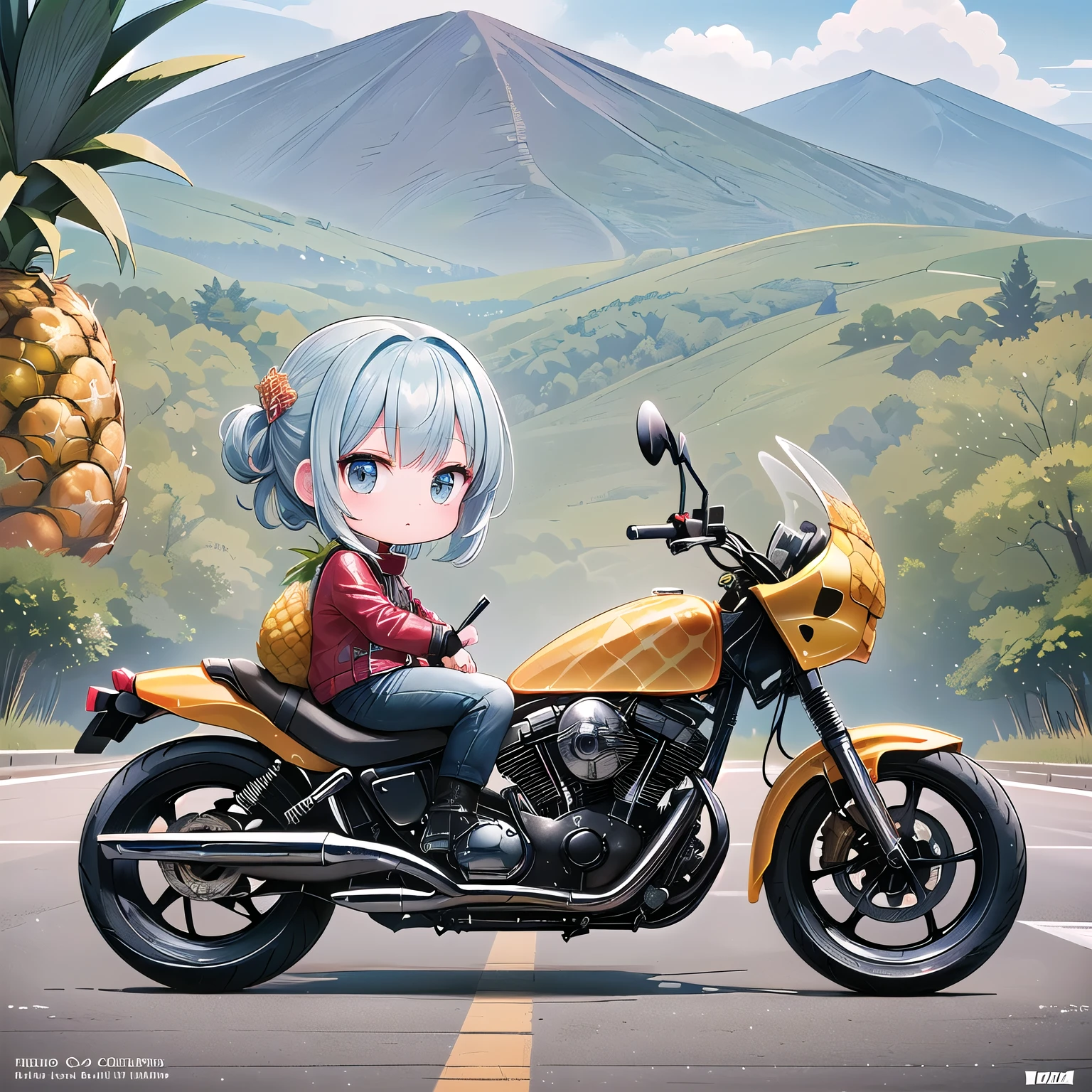 (Chibi, Pineapple ,one girl: 1.4), (Masterpiece, almond-shaped eyes, glossy white-blue hair, short chignon hair, top quality, carefully drawn fingertips, beautiful anatomy,front view, full body : 1.4), (Tasteful Colored pencil hand-drawn picture: 1.3), (Red cheeks, indifference, no expression, hair blowing in the wind: 1.2), (Slim and warm clothes, baggy clothes, big fashion belt , Leather boots: 1.2), (Elegant mountain view: 1.3), (warm Leather jacket,leather pants, pineapple helmet, highway, fully throttled motorcycle, bag,American pineapple Design chibi motorcycle,motorcycle focus,:1.3)