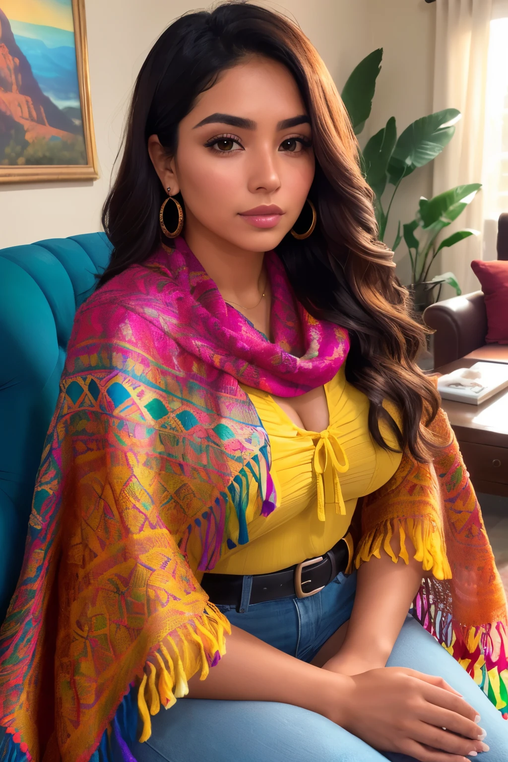 Photo of a 25-year-old Mexican woman, raw, Beautiful woman, ((Detailed face:1.2)), ((detailed facial features)), (finely detailed skin), with warm, sun-kissed complexion, ((Wrapped in a colorful shawl)), ((Living room environment)), ((Relaxing on a chair)), ((Warm color palette)), ((Soft focusing)), ((Photographed with Canon EOS R6)), 50mm Lens, F/1.8, ((s2-upscaled)), ((8K resolution)), ((Realistic texture and colors)), ((Best Quality and High Detail)), ((Artistic and vibrant)) #Mex