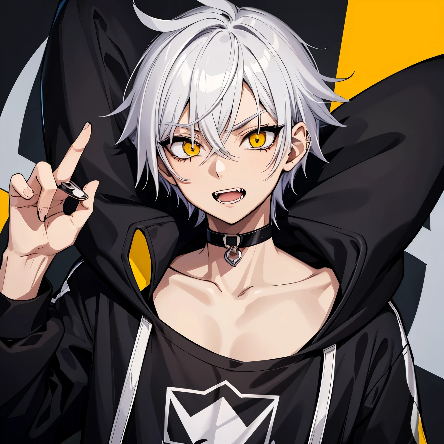 Anime boy with black choker and silver hair, double teeth, black hoodie, yellow eyes, androgynous