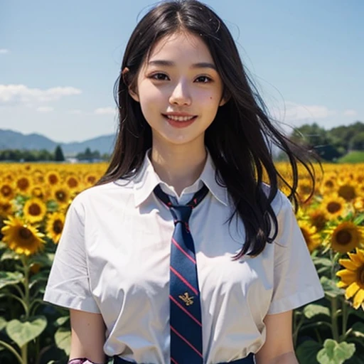 Beautiful Japan woman, high school school uniform, top quality, masterpiece, super high resolution, photorealistic, smile, upper body, sunflower field, dating, focus on face, background blur, full body, f1.0, tied hair,