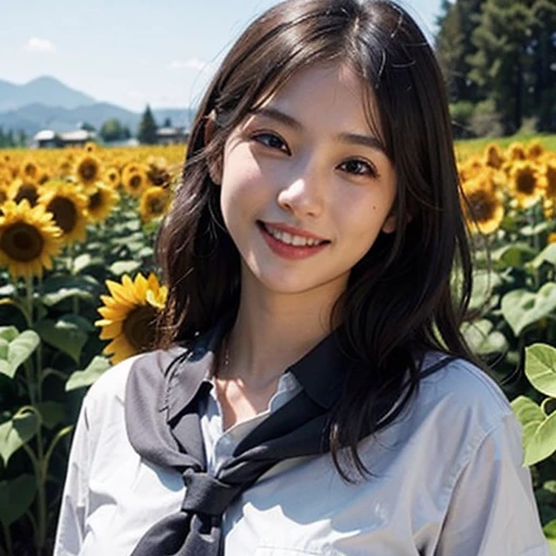 Beautiful Japan woman, high school school uniform, top quality, masterpiece, super high resolution, photorealistic, smile, upper body, sunflower field, dating, focus on face, background blur, full body, f1.0, tied hair,