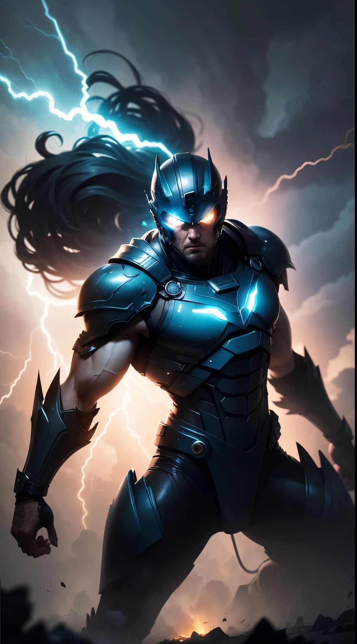 ic background blue thunder lighting across black cinematic sky, mythological thunder goddess, lighting powers, cinematic electric storm action, high definition, high textures detail hand fingers, 3 violent electric lighting strikes covering the sky, hero over dramatic pose, serious intense dramatic atmosphere wide shot , ultimate power, Mix retro sci-fi and magic, more saturation,DonMM4g1cXL