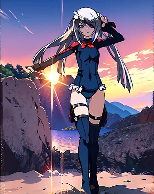 highest quality,sleep on your back in bed，Crab crotch，show me your boots，thigh high boots，leotardチラ見せ，glove，elegant, 1 girl, leotard，body suit，cute, blushed, looking at the viewer, from below, prison，blue eyes, beautiful eyes, beautiful background, particles of light, Light of the sun, dramatic lighting, outside, shiny, realistic, table top, highest quality, Super detailed, get used to it, scenery, beautiful and detailed eyes, thin hair，full body shot，