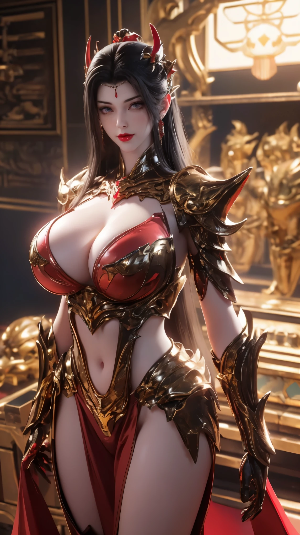 A BUSTY MILF, CLOSE UP UPPER BODY,SOLO,(BEAUTY BLACK HAIR, GOLD DRAGON HORN), (MASSIVE FAKE BOOBIES,CLEAVAGE TOP,MUSCLE ABS:1.5), ((WEARING OUTFIT (LED RED, WHITE, BLACK) SHINY MECHANICAL ANDROID BIKINI ARMOR:1.5)),(CURVY VOLUPTUOUS BODY MATURE WOMAN:1.5), (SWEATY GLOSSY BODYSKIN:1.5), (LOOKING AT VIEWER:1.6), (BACKGROUND FUTURISTIC SPACE STATION:1), (PHOTOREALSITIC:1.4), (ULTRA-DETAILLIERT), (TOP-QUALITY), (BEST SHADOWS), BRIGHT LIGHT IN ROOM, HYPER TEXTURE, (4X MSAA), ((UNREAL ENGINE 5 RENDER)), PHYSICALLY-BASED RENDERING, ULTRA HIGHT DEFINITION, 16K, 1080P.