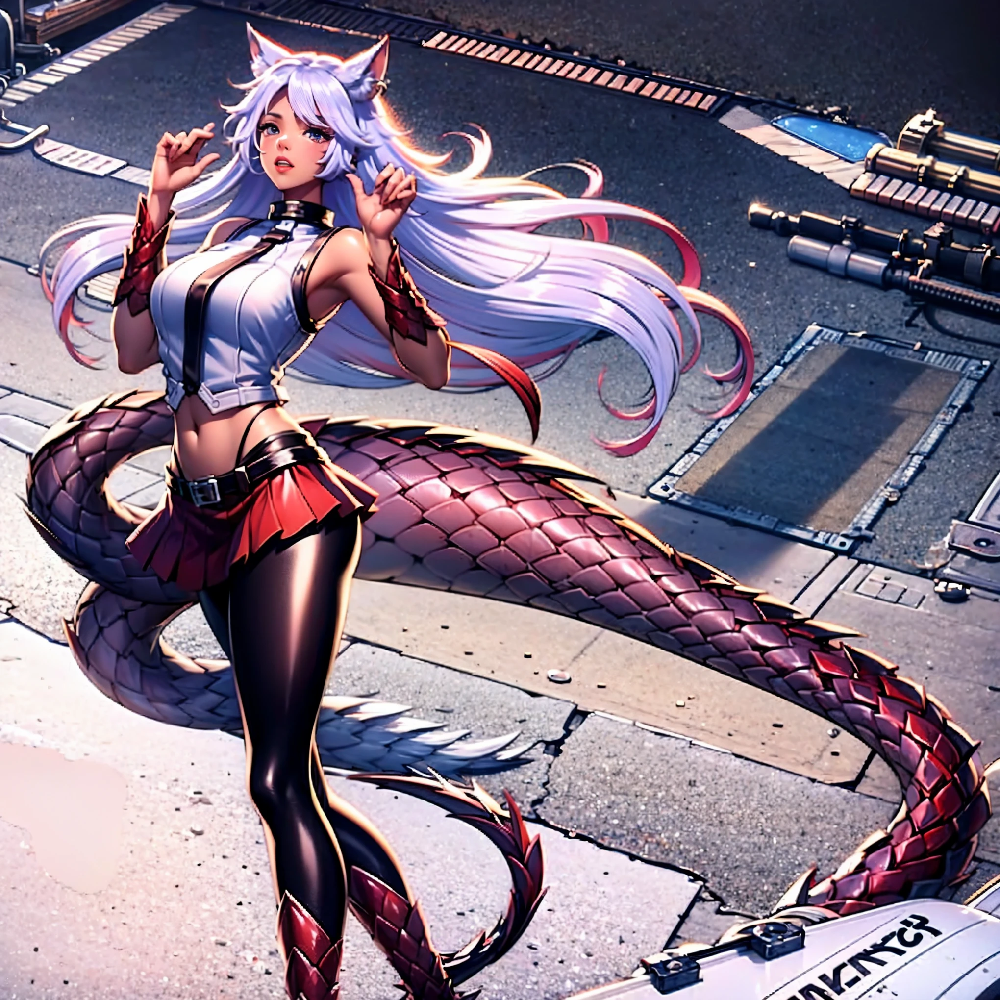 8k, resolution, high quality, high resolution, best quality, extremally detailed, best resolution, absurd resolution, ray tracing, high detailed, masterpiece, extremely detailed,detailed angelic face, shoulder length white hair, female,2 white wolf ears, teenage girl, slim body,white scale dragon tail, military boots,black leggings, navel blue school skirt, sailer shirt, white jacket, medium size chest, detailed blue eyes, detailed beautiful face,solo female,1 dragon tail, detailed eyes, tomboyish, thick dragon tail, white scales, 2 dragon wings, white fluffy wings