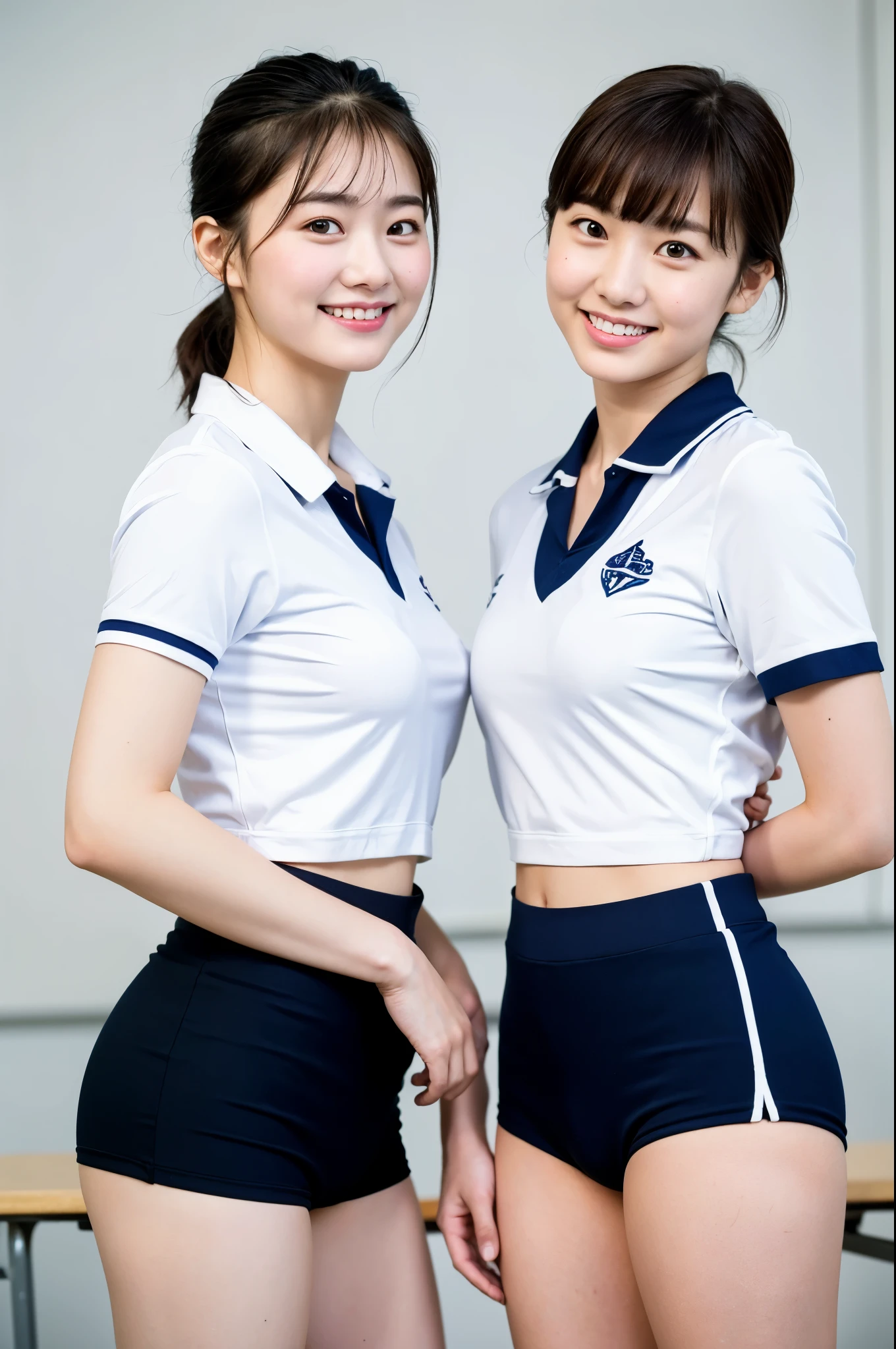 2 girls standing in classroom,white plain school gym shirt with navy blue trim,navy blue speedo bottom,18-year-old,bangs,a little smile,thighs,knees,short cut hair,low ponytail,from below,front-lighting