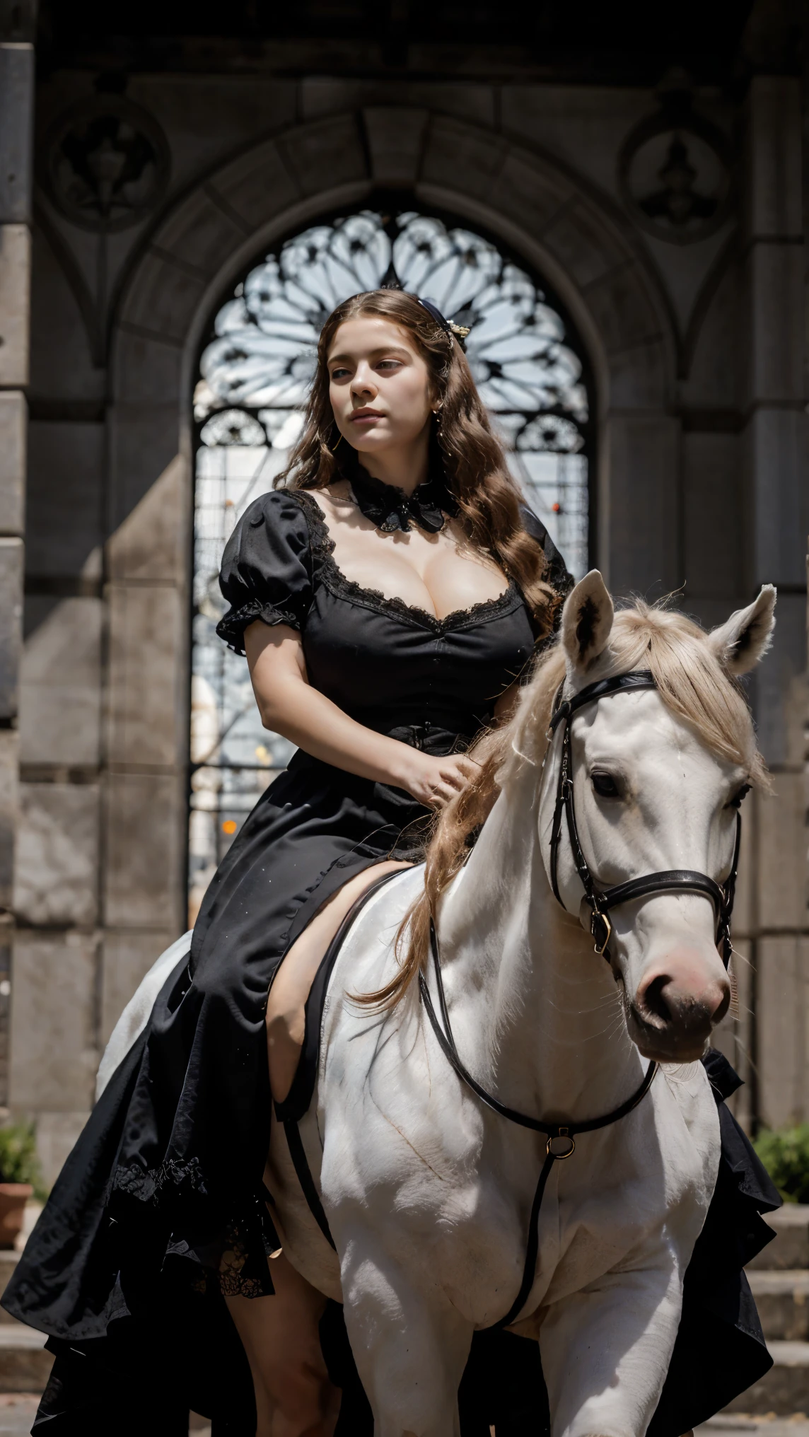 obra de arte, alta qualidade, 1 garota, cabelo branco, rabo de cavalo, red gothic dress, fundo de cor dourada simples, Olhar de morte, Fundo do eclipse