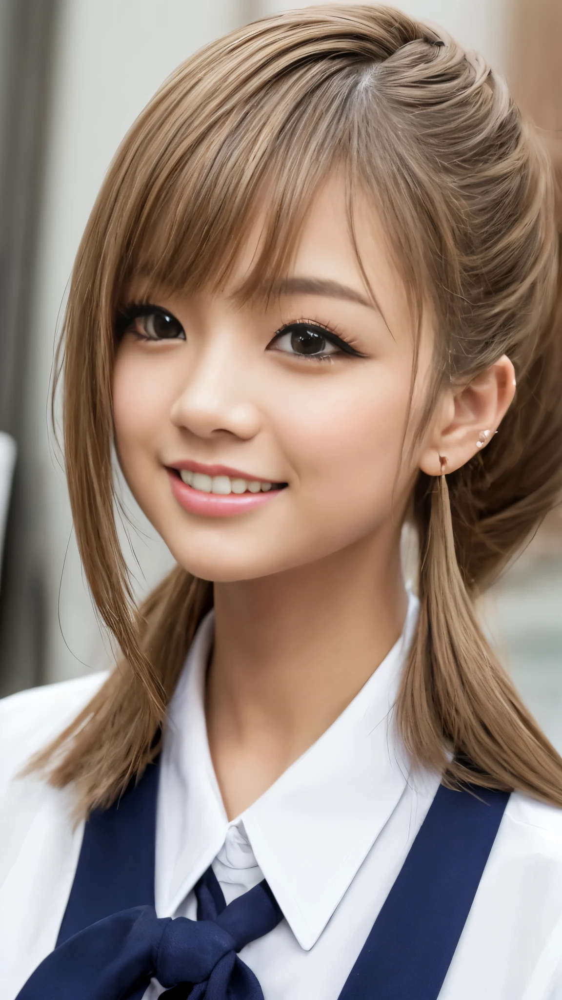 NSFW、throw、photorealistic perfect body、super high quality、Ultra-high realistic image quality、Japanese、14 years old、Gal junior high school student、blonde、(high ponytail:1.2)、smile、 、big 、(Gal style thick shadow eyeliner:1.2)、(false eyelashes:1.2)、gal style makeup、gal style earrings、、(、、(uniform、white collared shirts:1.2)、、(close up on face:1.5)、(focus on face:1.5)、(look at the camera:1.2)、(upward glance:1.3)、(Look up a little:1.2)、(head shot:1.3)、(From above:1.1),at back alley、