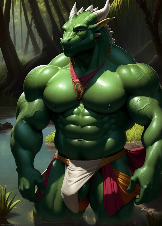 sweat drops, NSFW photography, ((cool posing)), smooth skin, ultra realism shading, anthro, green, dragon, nude, suggestive, {{rembrandt}}, huge pecs, tribal, warrior, biceps, outline of penis under cloth, (loincloth), tiny small waist, slim hunk, in a swamp