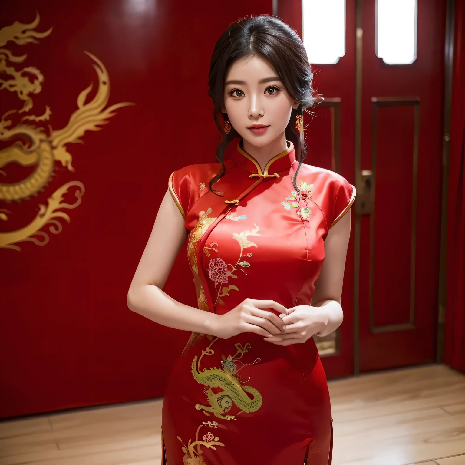A beautiful oriental beauty,wearing blue cheongsam, Hold the camera and extend your left hand。There an oriental dragon behind him. There an oriental dragon in the background. Happy New Year.