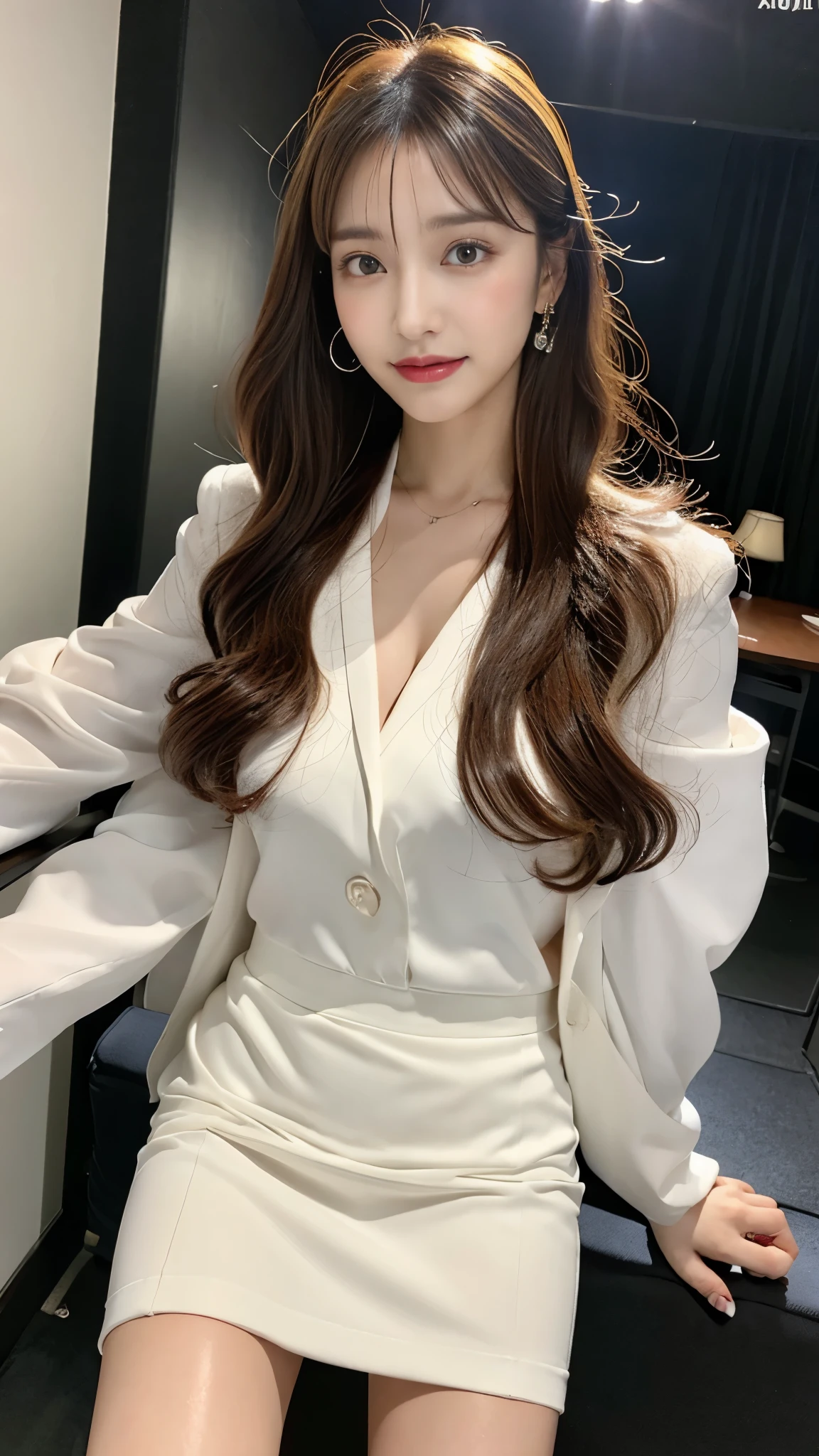 8K, highest quality, ultra high resolution, table top, realistic, realistic, high contrast, photon mapping, realistic, ultra detail, Low - Angle: 1.3, 1 girl, alone: 1.5, whole body, downtown, kpop star, K-POP idol, KPOP Costumes, sexy, (豪華なsexyな赤いランジェリー), flashy makeup, blazer: 1.2, short skirt: 1.2, blouse, Raw legs, high heels, 100 degree spread legs: 1.5, M-shaped legs, thighs open: 1.5, long brown hair, See-through wet white panties: 1.5, Panties visible from under the skirt: 1.3, expensive, Height is 170 cm, long legs: 1.2, small breasts, beautiful face: 1.2, Detailed female pubic shape is clearly visible: 1.3, pubic hair: 1.3, :1.3、rough skin