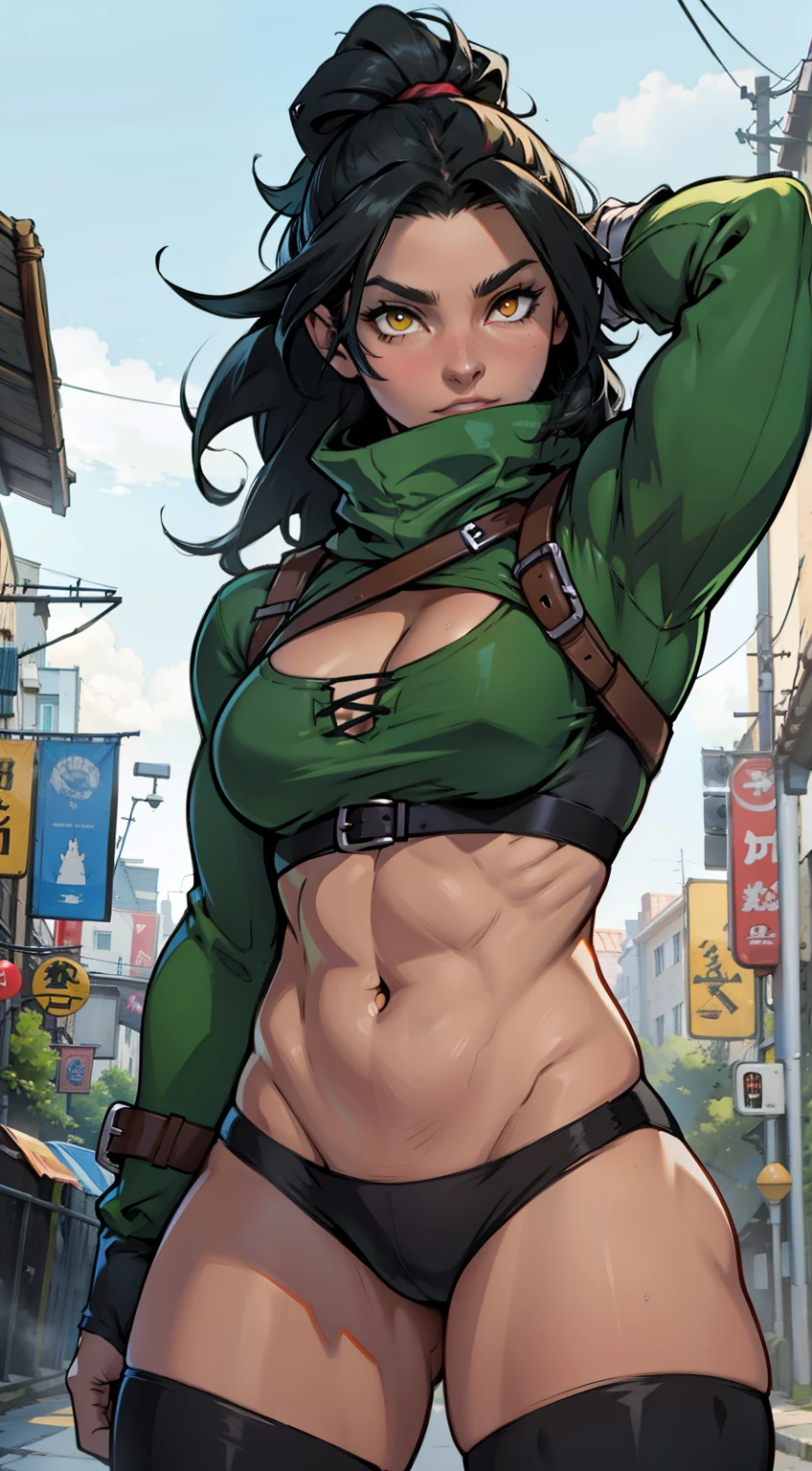 wizard girl muscular thick breasts yellow eyes black hair rogue rogue
