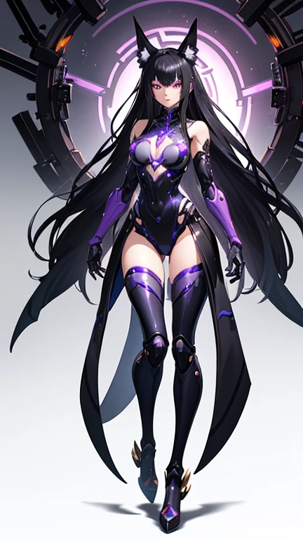 mechanical foot, black and purple eyes, breast, long black hair, Cyborg, mech, full body, mechanical arms, (detailed hands and fingers), mechanical body, fox ears, kitana, There is a large torii gate