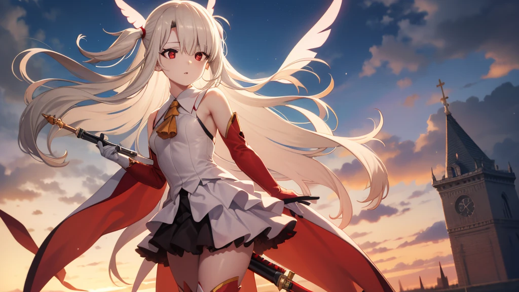 Illyasviel von Einzbern, blonde hair, hair between eyes, long hair, (red eyes:1.5),
 boots, Detached sleeves, , white gloves, white skirt, absolute chance,The sky filled with time arrays
(masterpiece:1.2), best quality, high resolution, unified 8k wallpaper, (illustration:0.8), (beautiful and delicate eyes:1.6), extremely detailed face, perfect lighting, Extremely detailed CG, (perfect hands, perfect anatomy),holding lightsaber，Time God Realm，fortune god，The Supreme Power of the King，Hero King，King&#39;s Landing of Ten Thousand Dharmas，Panorama