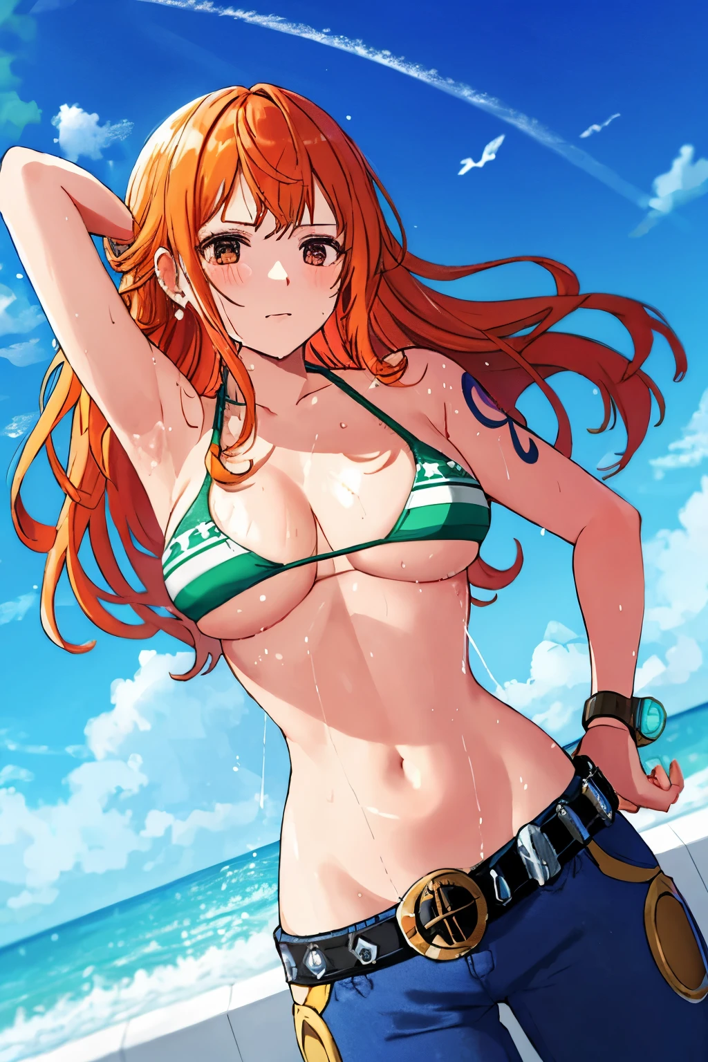 detailed background, masterpiece, 4K, best quality, 늦은 request소년, adult, wrestler body, 1 woman, Active, energetic, Uppercut, (Big mouth) , alone, Us \(One Piece\), 1 woman, bangle, (Very wet, Drenched in sweat, sweating all over, Very wet hair, tired, breathe, dehisce, exhausted, outcry, Sweaty face, sweaty body, Panting, sweating too much, Glittering sweat, sweaty armpits, trend, hands on hips, Serious, glaring), Perfect, detailed face, Draw bold lines, muscular arms, Detailed and thick arm lines, Flat chin, adult woman, wavy wide striped bangs, floating bangs, (Big cheeks), bare shoulders, off shoulder, belt, bikini, bikini top only, blue sky, bracelet, Elastic breasts, Breast line, Big round eyes, very large brown shiny eyes, foam, 높은 눈 stomach치, split, cloud, afternoon, request, earring, floating hair, shiny hair, green belt, green bikini, Thick groin line, requestpants, bijouterie, medium chest, Log Pose, long hair, looking at viewer, navel, wet hair, Orange hair, pants, shoulder Tattoo, side lock, sky, alone, standing, stomach, swimsuit, Tattoo , looking at viewer, dehisce, Detailed left arm, large forehead, hourglass shape, small head, A toned body, Broad head, wind effect, The Sun Effect, Under the sun, Narrow small ear angle, Previous, 무작stomach 포즈,
