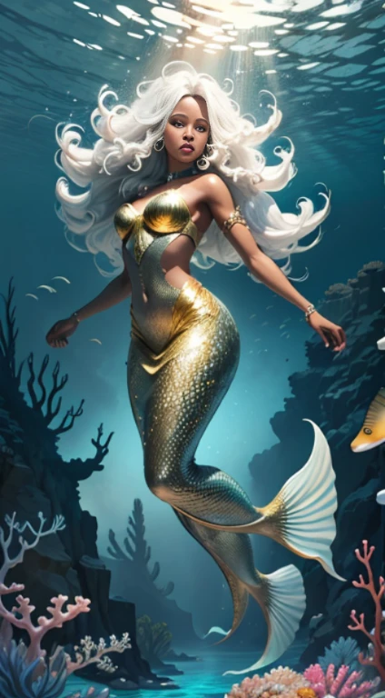 Conceptual art of marine life, Undersea landscape, Marine life, African_American_mermaid, Beautiful coral reefs come in different shapes, 3D, Fish, Female animated fantasy illustration. Long white hair scattered in the sea, Drift, Very harmonious. The whole painting adopts a messy and imaginative painting style. The colors are bright and saturated, And with smooth lines. The mystery and beauty of the ocean, The painting depicts an African American mermaid in an underwater world full of life and vitality, Animated art wallpaper 8 K, full body, closeup, Dynamic poses, golden gown