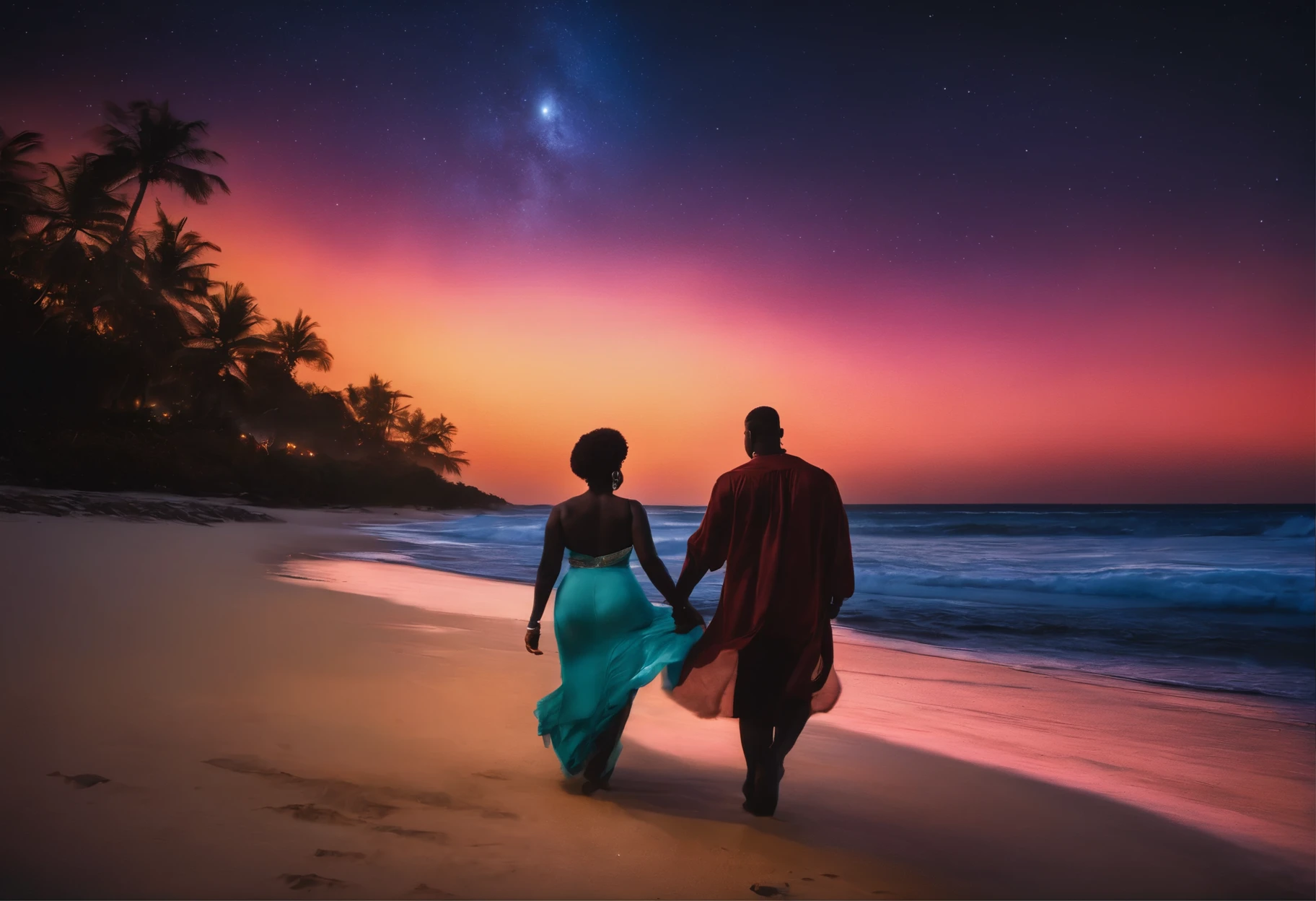 Black couple on the beach at moonlight night