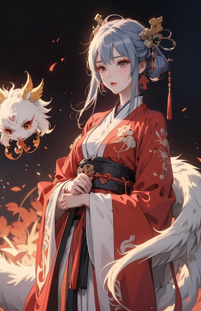 一个穿着红白裙子的女人抱着一条白dragon,， A girl wearing Hanfu, dragon女肖像, dragon, Chinese style, White-haired God, style anime, Onmyoji portrait, High quality anime art style, Onmyoji, guweiz, anime style 4k, anime cover, Beautiful anime style, 一个美丽的dragon族女人