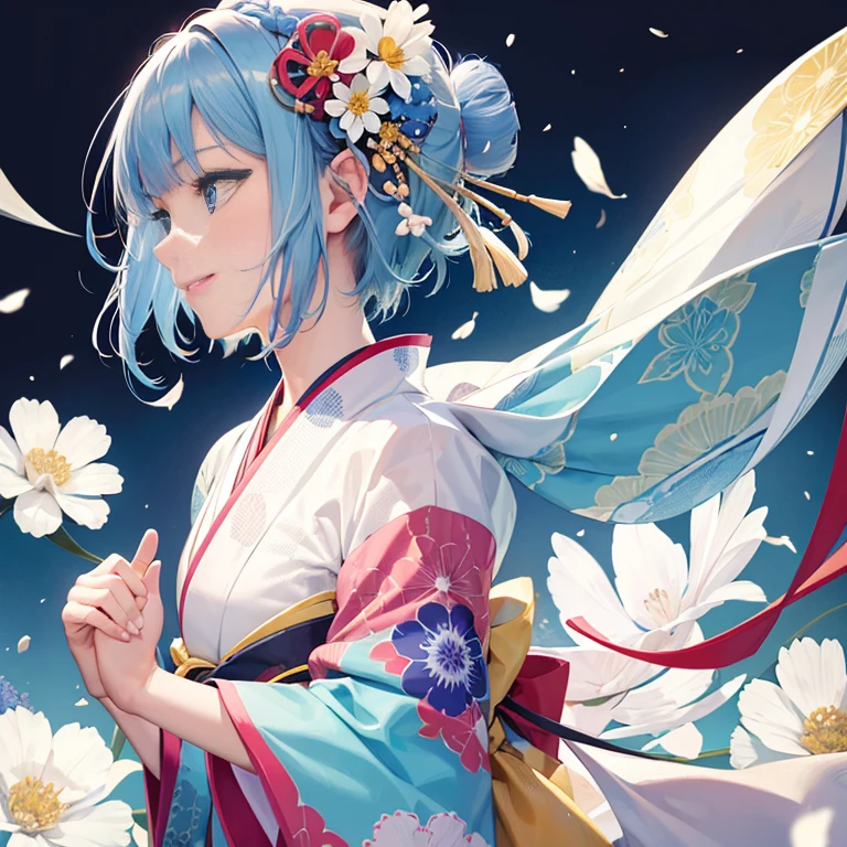 1 girl, solo, short hair, smiling, bangs, blue eyes, hair ornament, closed mouth, blue hair, upper body, colorful flowers, white hair, kimono, hair ornament, kimono, side view, profile, flower pattern, (Japanese pattern background, brightly colored flowers dancing), beautiful hands