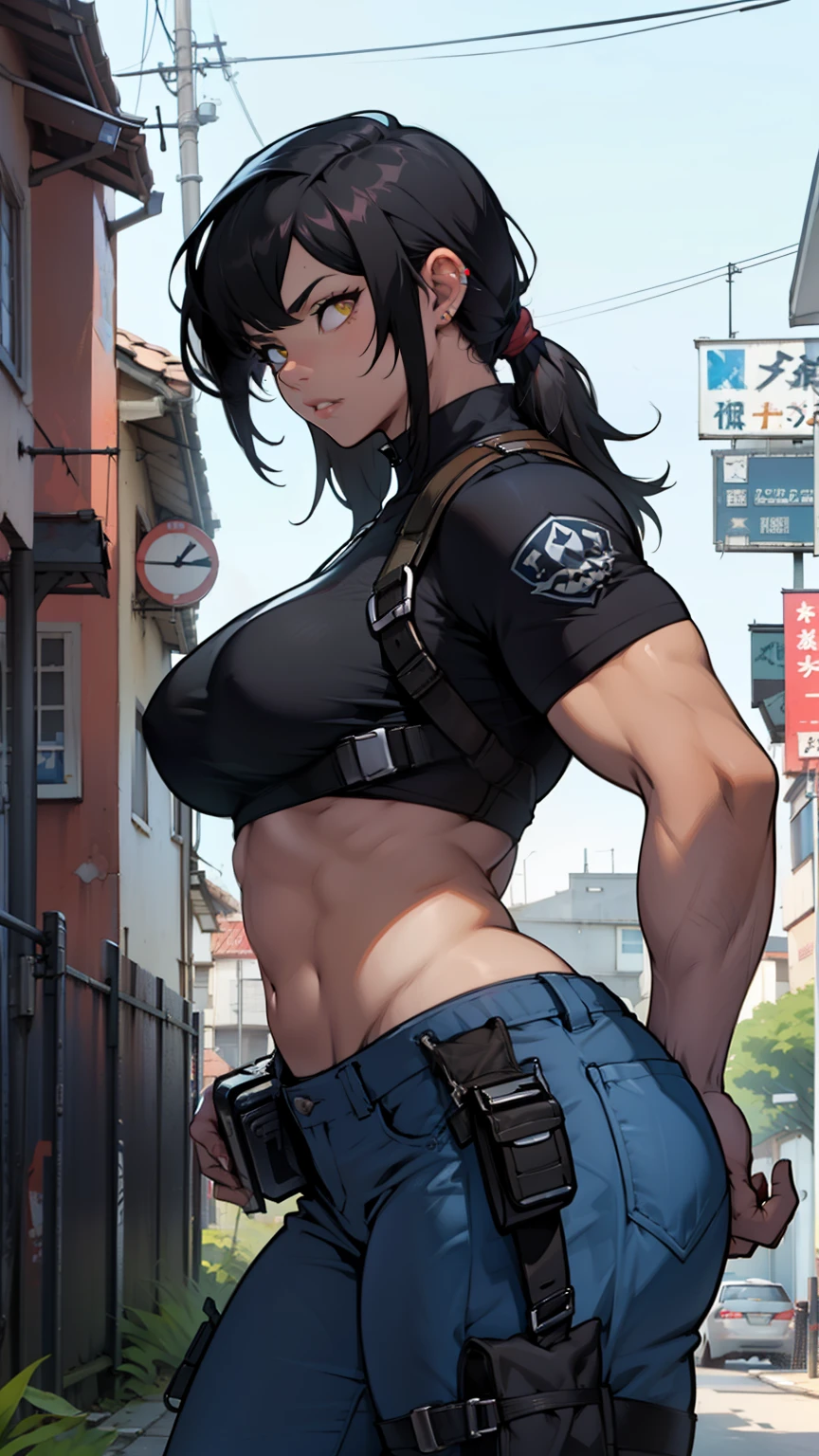 muscular girl thick thick thick black hair yellow eyes pale sad weapon holster thick breasts