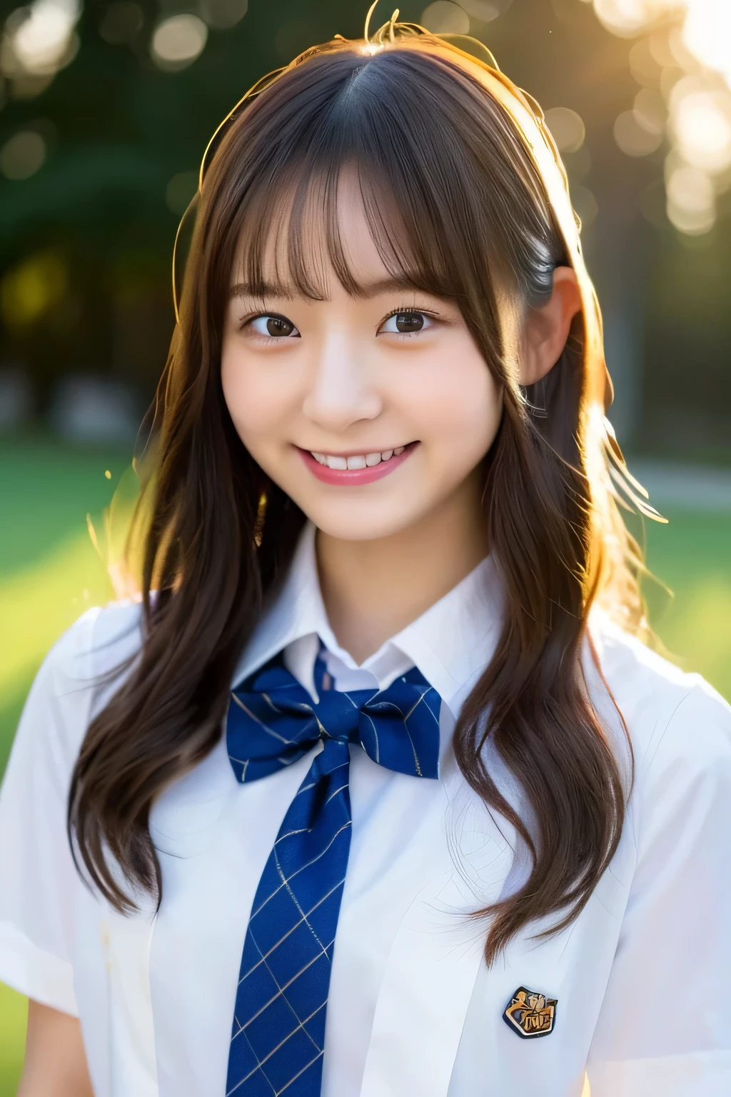 (highest quality, 8K, 32K, masterpiece, UHD:1.2),hyper detail hair,かわいいjapanese girlの写真,1 girl,18-year-old,japanese girl,(young:1.5),school uniform,white shirt,bow tie, (please reconsider:1.2), evening, sunburst, ((smile:1.2)),