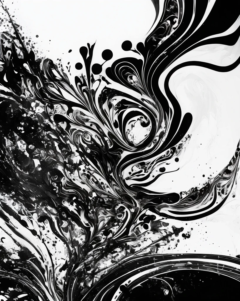 highres,(best quality:1.2),photorealistic,ink splatter,abstract art,black and white,detailed brush strokes,chaotic pattern,flowing lines,organic shapes,contrast,texture,fluidity,depth,imagination,unleashed creativity,expressive form,visual impact,modern aesthetic,timeless design,striking composition,elegant simplicity,subtle nuances,monochrome,unique vision,contemporary interpretation,bold expression,visual poetry,unpredictable beauty,dynamic energy,artistic freedom,spontaneous creation,mysterious atmosphere,inner emotions,provocative resonance,metaphysical dimension,limitless possibilities
