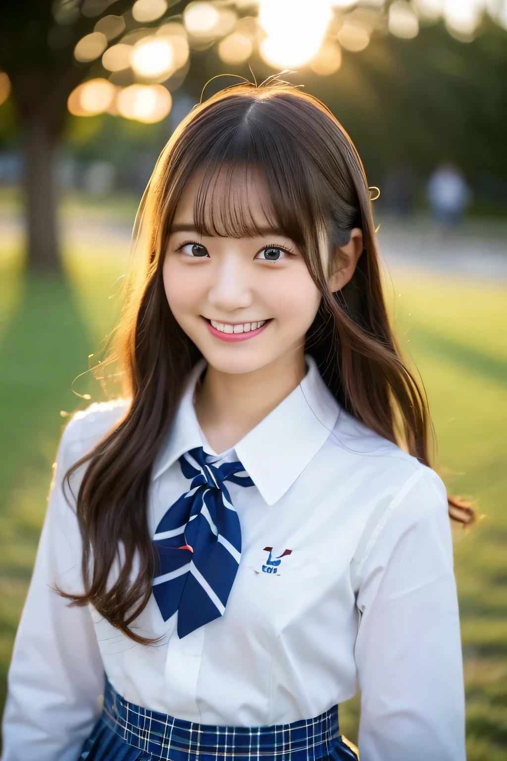 (highest quality, 8K, 32K, masterpiece, UHD:1.2),hyper detail hair,かわいいjapanese girlの写真,1 girl,18-year-old,japanese girl,(young:1.5),school uniform,white shirt,bow tie, (please reconsider:1.2), evening, sunburst, ((smile:1.2)),