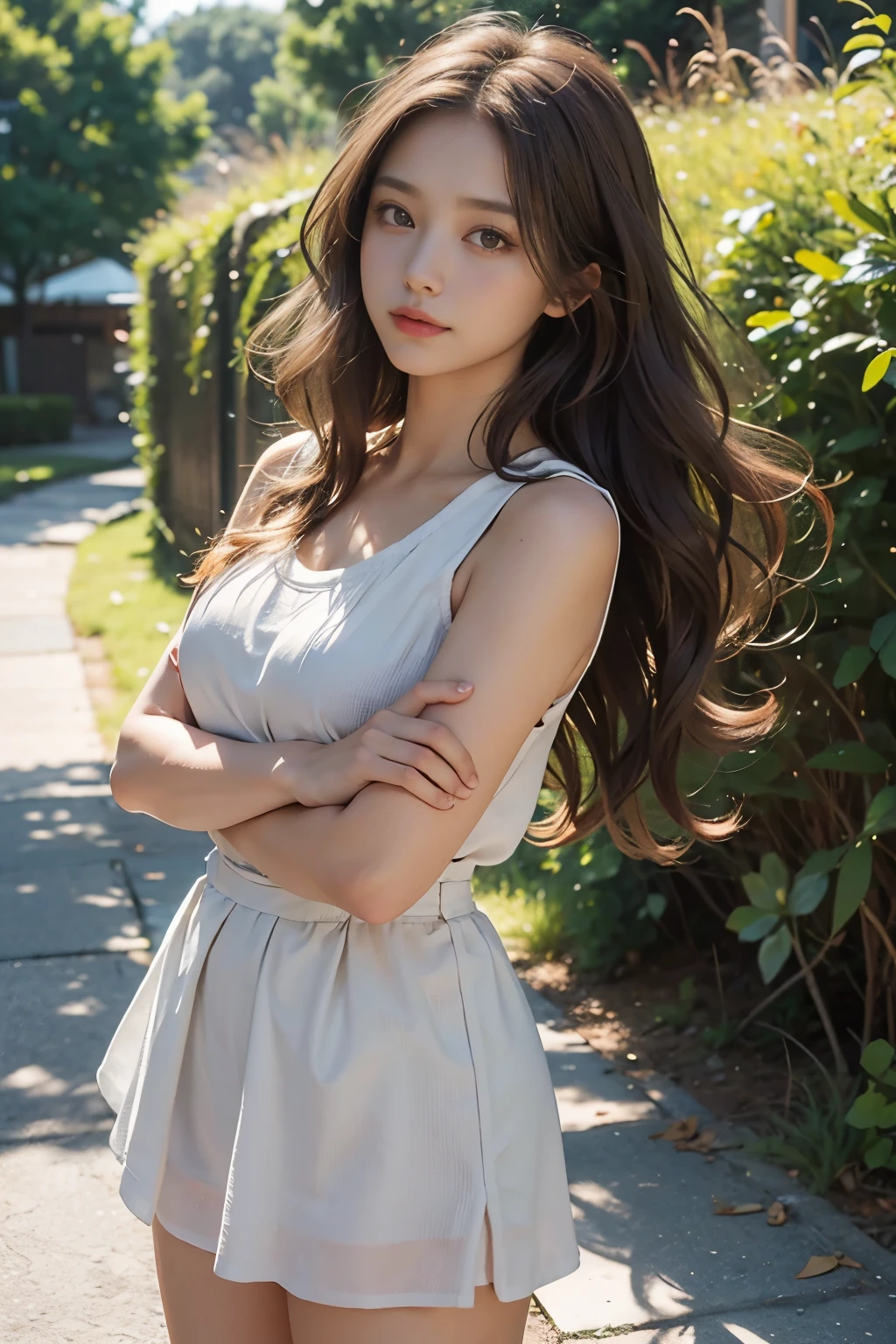 masterpiece, highest quality, high resolution, solo, woman with brown hair, wearing a miniskirt, casual setting, natural makeup, brown eyes, wavy hair falling over her shoulders, playful expression, sunlit scene, austere background, her arms crossed in front of her, a gentle breeze blowing through her hair.