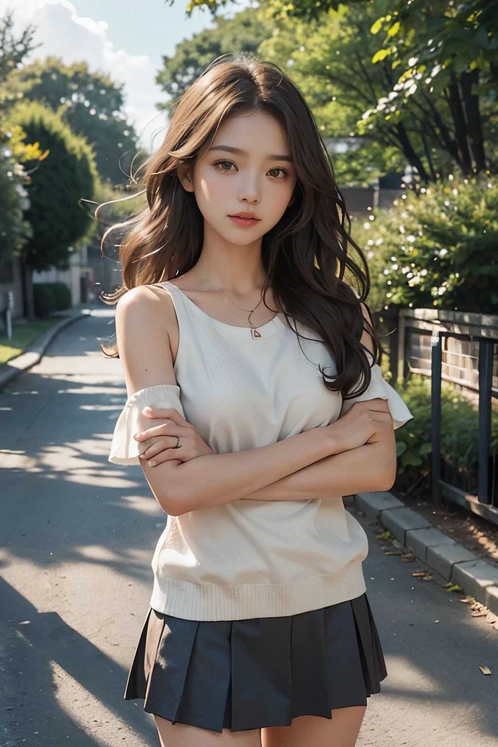 masterpiece, highest quality, high resolution, solo, woman with brown hair, wearing a miniskirt, casual setting, natural makeup, brown eyes, wavy hair falling over her shoulders, playful expression, sunlit scene, austere background, her arms crossed in front of her, a gentle breeze blowing through her hair.