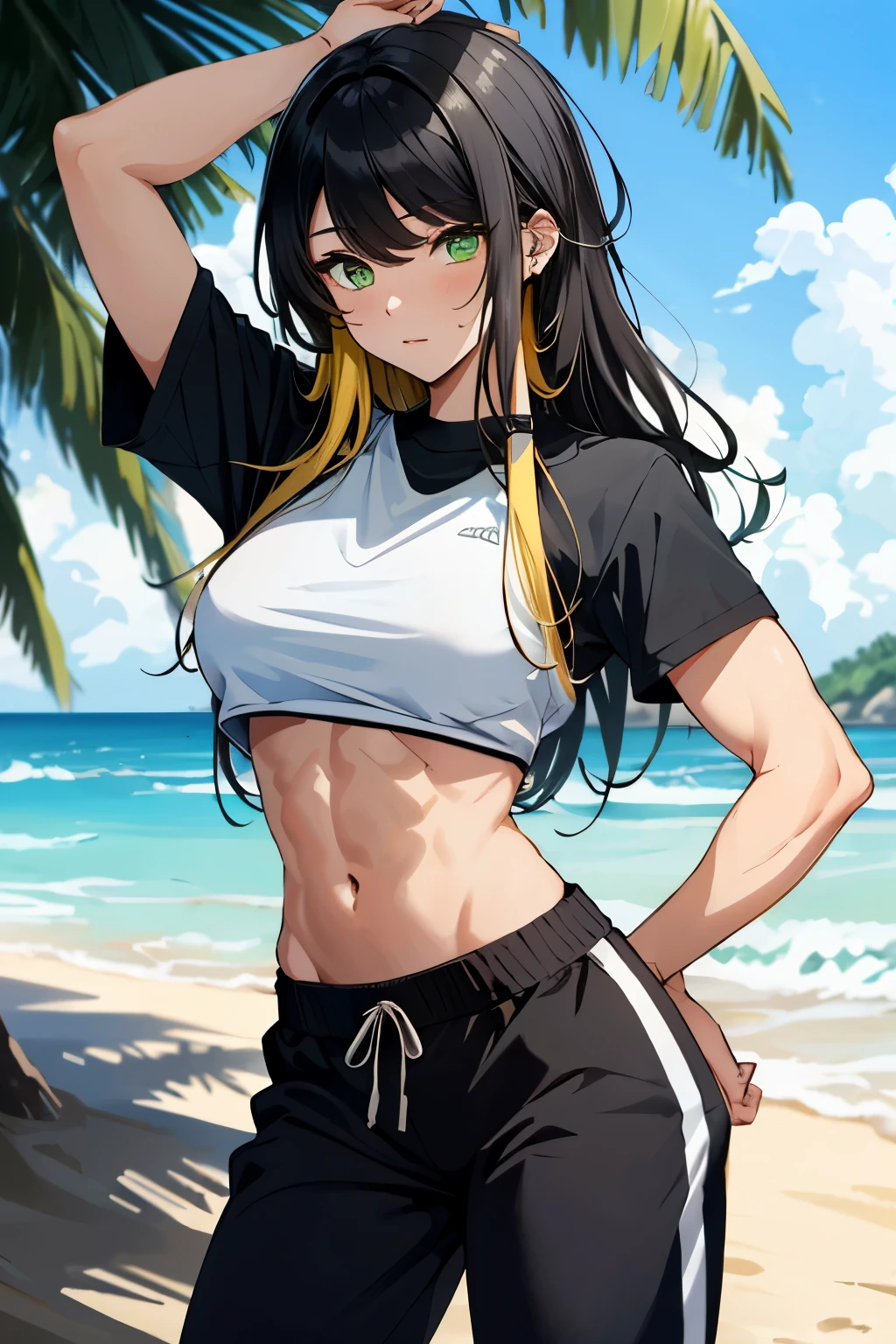 Yellow hair girl, long messy hair, black hair highlights, green eyes, black cropped shirt, with for flower, white sweatpants, madure muscle aesthetic body, in beach