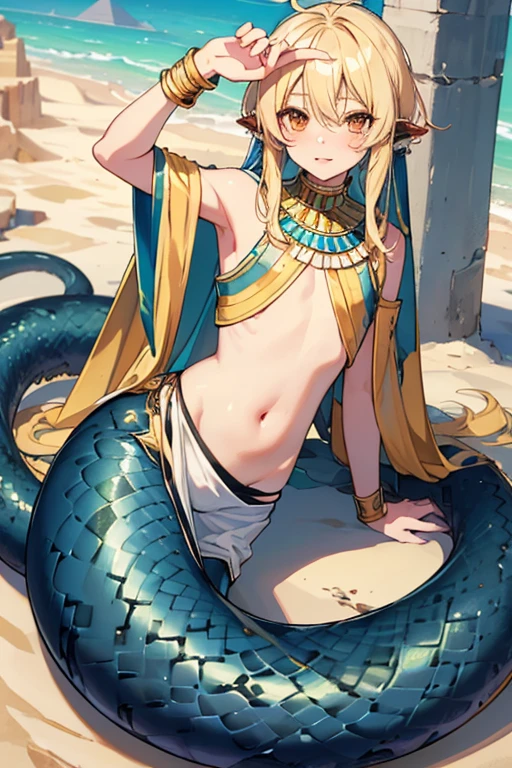 lamia male、delicate、************、、messy blonde hair、flesh-colored skin、White scales、egyptian clothes、Exposed belly、desert