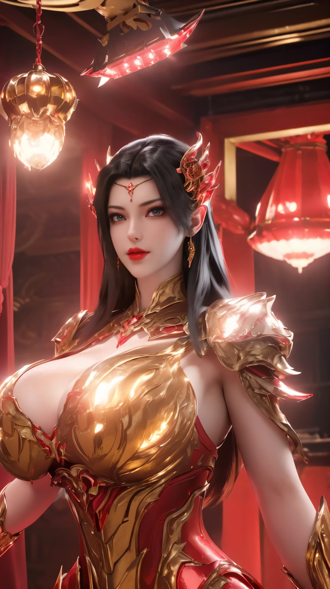 A BUSTY MILF, PORTRAIT, UPPER BODY, SOLO, (BEAUTY BLACK HAIR, GOLD DRAGON HORN), (MASSIVE FAKE BOOBIES,CLEAVAGE TOP,MUSCLE ABS:1.5), ((WEARING OUTFIT (LED RED, LED WHITE, LED BLACK) SHINY MECHANICAL LINGERIE ARMOR:1.5)),(CURVY VOLUPTUOUS BODY MATURE WOMAN:1.5), (SWEATY GLOSSY BODYSKIN:1.5), (LOOKING AT VIEWER:1.6), (BACKGROUND FUTURISTIC SPACE STATION:1), (PHOTOREALSITIC:1.4), (ULTRA-DETAILLIERT), (TOP-QUALITY), (BEST SHADOWS), BRIGHT LIGHT IN ROOM, HYPER TEXTURE, (4X MSAA), ((UNREAL ENGINE 5 RENDER)), PHYSICALLY-BASED RENDERING, ULTRA HIGHT DEFINITION, 16K, 1080P.