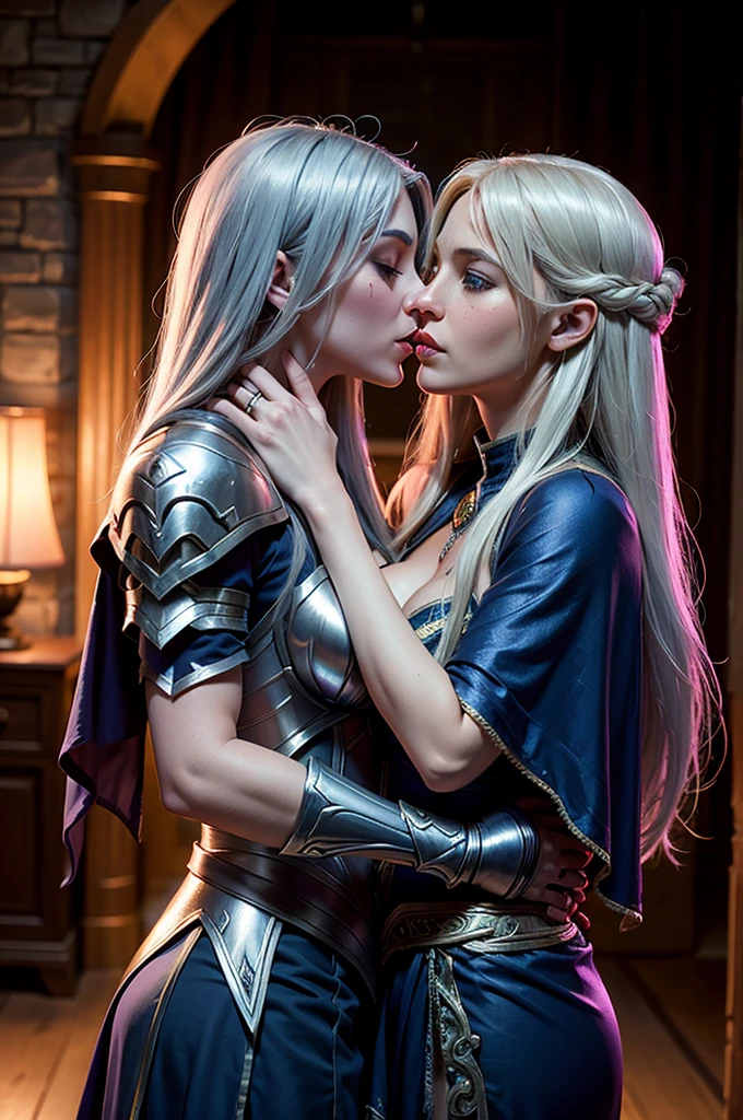 Jaina Proudmoore and Sylvanas Windrunner kissing, World of Warcraft, detailed armor, silver, sapphire, silk, two characters, feminin features, cute faces, fully tattooed, volumetric lighting, cinematic