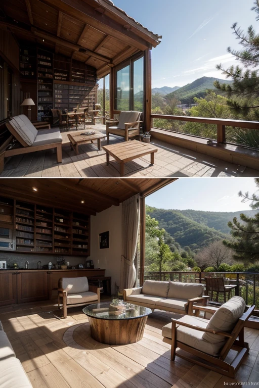 A serene open feel library built into the side of a mountain villa.  There is futuristic furniture inside amid lounge areas.  There are excessive books, newsletters and magazines everywhere.  The walls and tables inside are made from glass.  4k, dystopian, landscape view.