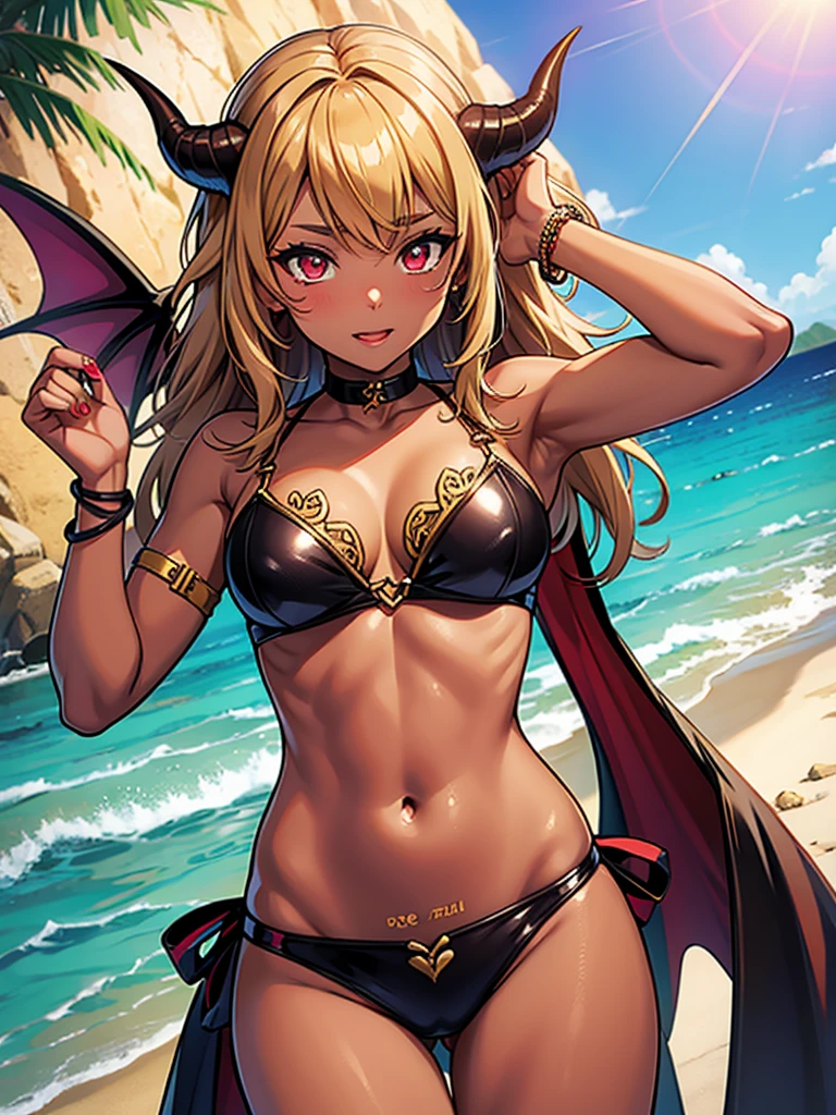 1girl, solo, best quality, 4k, masterpiece, best quality, demon, best quality, beautiful face with a smirk, dark brown skin, curvy, big breasts, big butt, blonde hair with pink highlights, leather bikini