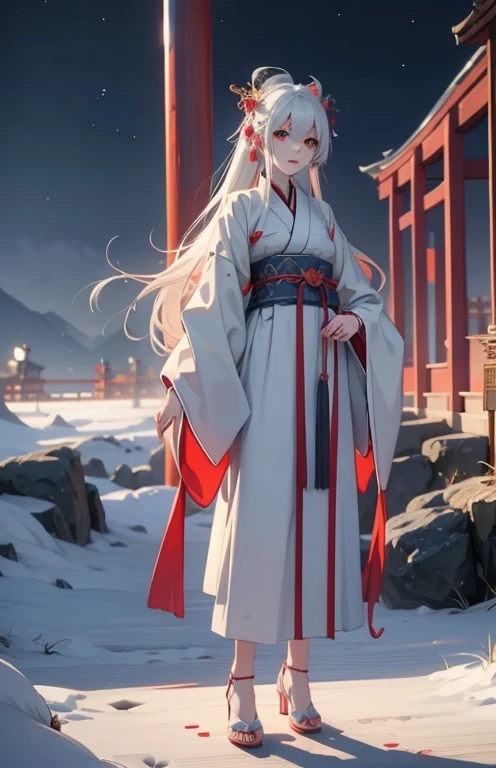 一个穿着红白裙子的女人身边环绕着一条白dragon,， A girl wearing Hanfu, dragon女肖像, dragon, Chinese style, White-haired God, style anime, Onmyoji portrait, High quality anime art style, Onmyoji, guweiz, anime style 4k, anime cover, Beautiful anime style, 一个美丽的dragon族女人，white hair。full body picture，standing posture，High heel，for the audience