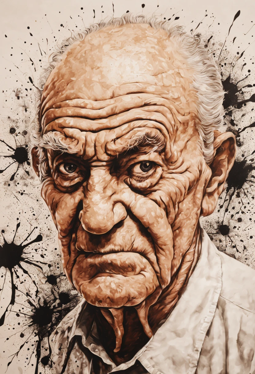 Style of Octavio Ocampo., ink splatter in a canvas with angry old man