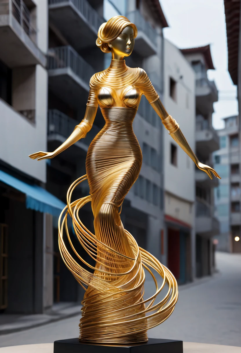 (line art:1.5),metal wire craft sculpture,Golden wire,pay,wire,城市广场上braided with metal thread的人物,braided with metal thread,distortion,line connection,huge,empty,Abstract,Three-dimensional stereoscopic,City landmarks,heavy metal style,postmodern industrial style,Surrealism,Image of beautiful woman sculpture made from thin metal wire, golden curve structure, Woman sculpture made of wire, spiral滴金, Metal curve composition, Winding streets, abstract female sculpture, Small whirlpools, abstract sculpture, twist, rotate, complex metal wires, spiral, long exposure photos, smooth lines, complex light,