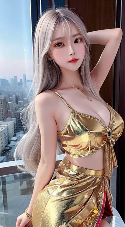 masterpiece, highest quality, super detailed, figure, close, straight, face focus, 1 girl, gray hair, golden eyes, long hair, Hello, angel wings, calm expression, view viewer,Artistic、Colorful world、dance
