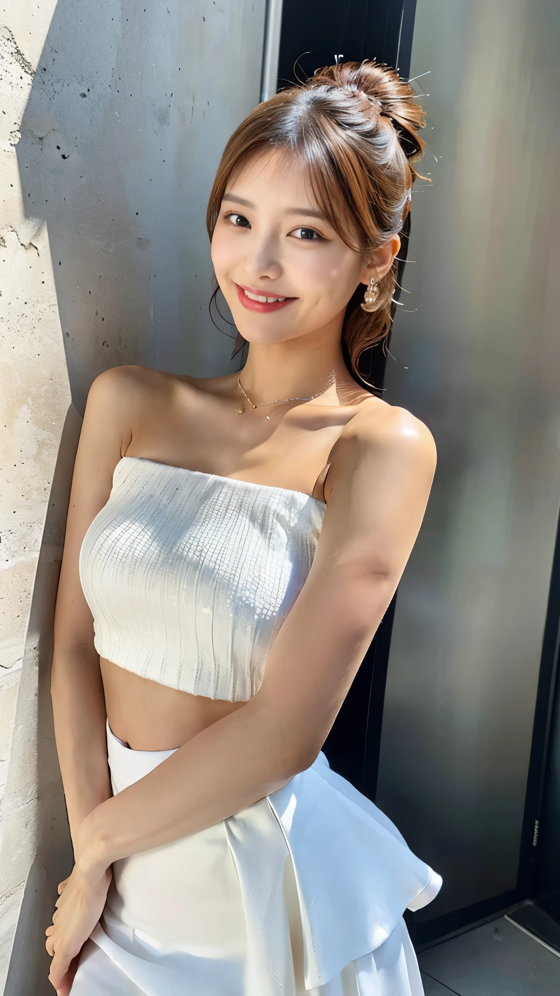 (8k, RAW photo, best quality), super detail, (realistic, photorealistic: 1.4), (masterpiece: 1.4), extremely detailed 8k wallpaper, ultra highres, cinematic lighting, anatomically correct, depth of field, first-person view, pov, shoot from front, looking at viewer, full body, smile, light smile, ((bandeau top: 1.4)), araffe woman in a white dress posing for a picture, front view, wearing white dress, wearing along white dress, drape skirt, white dress, light half open dress, sexy dress, korean female fashion model, wearing a cute white dress, Minimal bodycon feminine costume, short dress, Height: 165cm, gorgeous young korean woman, wearing a white dress