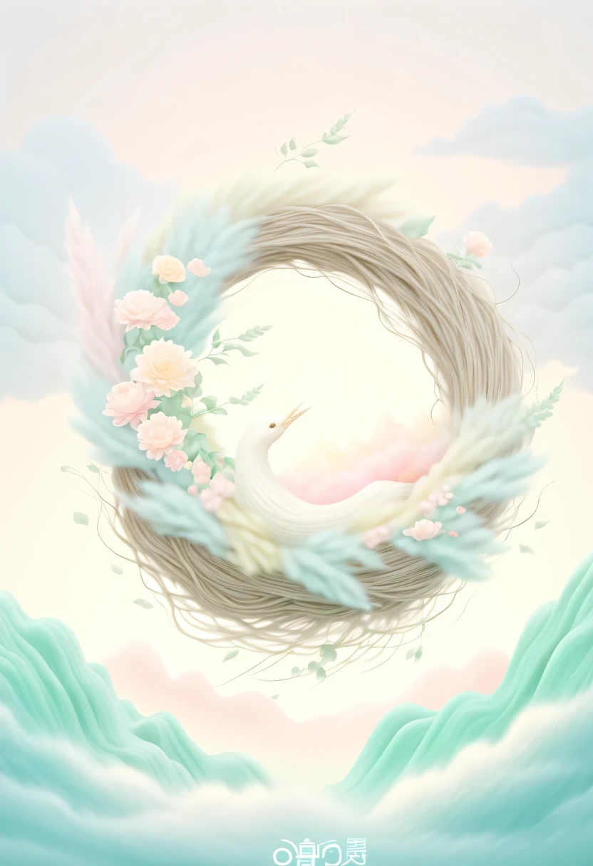 彩虹做的Nest里有一个仙女,Above the clouds,Nest,pastel tones,Light style,Comfortable and calm,nature,warm and cozy,garden,hyper detailed masterpiece, Dynamic, high quality,Floating Extra Large Ethereal Dream DonMW15pXL