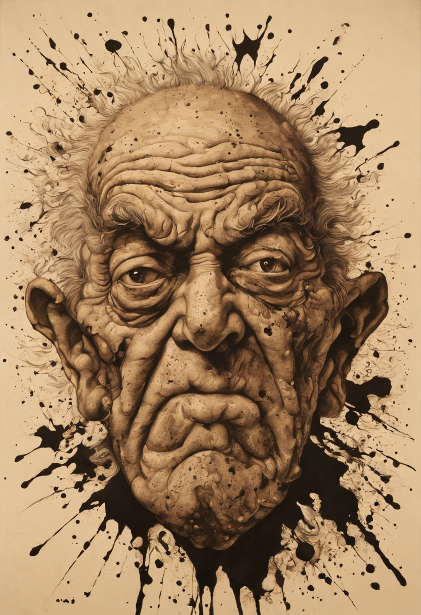 Style of Octavio Ocampo and, ink splatter in a canvas abstract [[[angry old man]]]