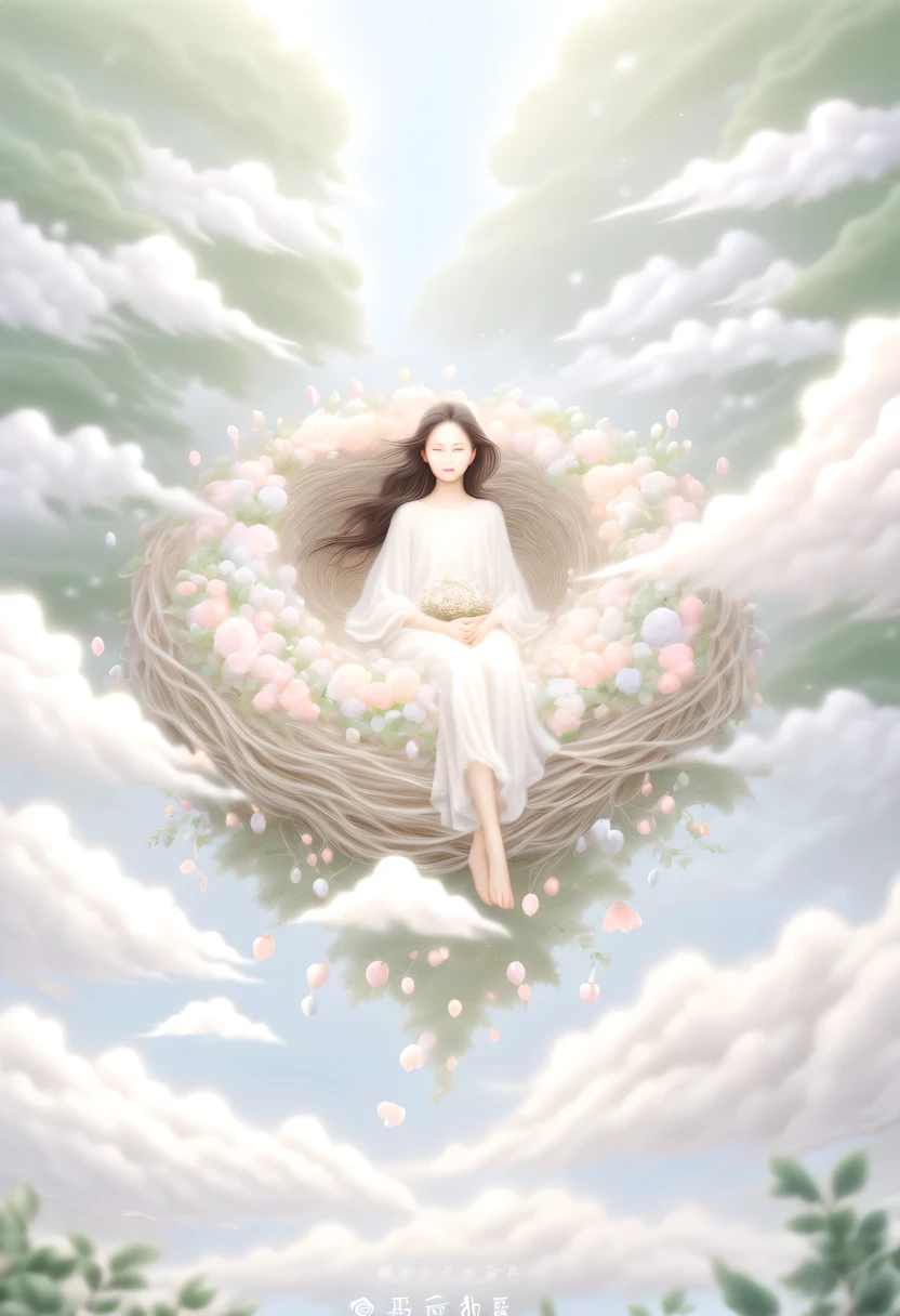 彩虹做的Nest里有一个仙女，Above the clouds，Nest，pastel tones，Light style，Comfortable and calm，nature，warm and cozy，garden，hyper detailed masterpiece, Dynamic, high quality,Floating Extra Large Ethereal Dream DonMW15pXL