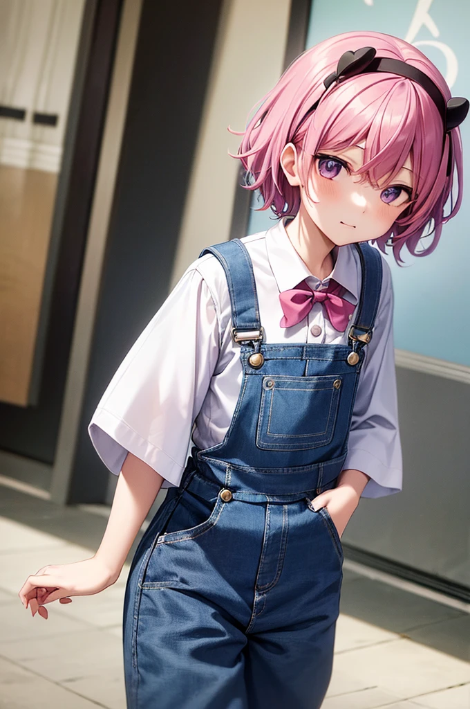 (komeiji satori), 1girl, collared shirt, ((bib overalls)), denim overalls, ((overalls trousers))