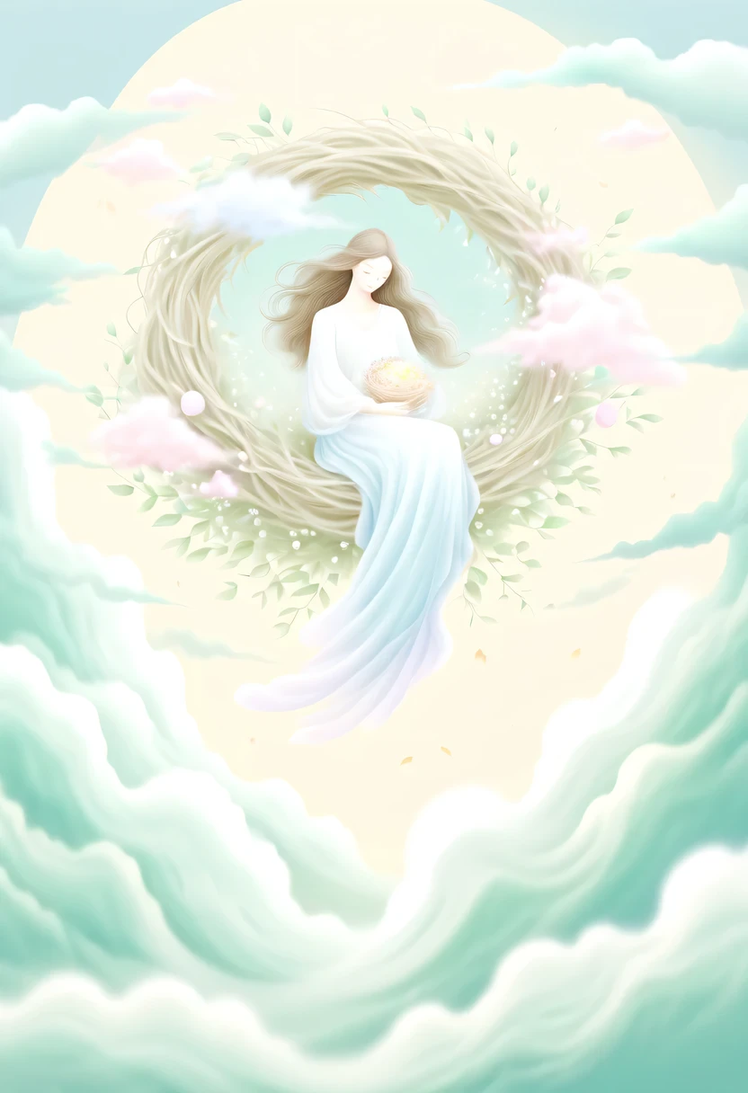 彩虹做的Nest里有一个仙女,Above the clouds,Nest,pastel tones,Light style,Comfortable and calm,nature,warm and cozy,garden,hyper detailed masterpiece, Dynamic, high quality,Floating Extra Large Ethereal Dream DonMW15pXL