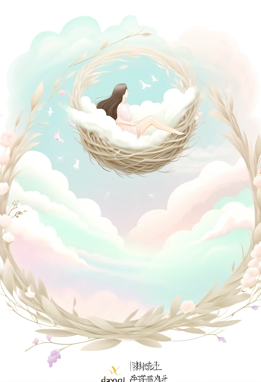 彩虹做的Nest里有一个仙女,Above the clouds,Nest,pastel tones,Light style,Comfortable and calm,nature,warm and cozy,garden,hyper detailed masterpiece, Dynamic, high quality,Floating Extra Large Ethereal Dream DonMW15pXL