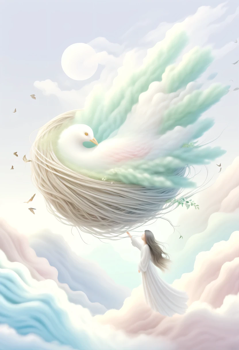 彩虹做的Nest里有一个仙女,Above the clouds,Nest,pastel tones,Light style,Comfortable and calm,nature,warm and cozy,garden,hyper detailed masterpiece, Dynamic, high quality,Floating Extra Large Ethereal Dream DonMW15pXL