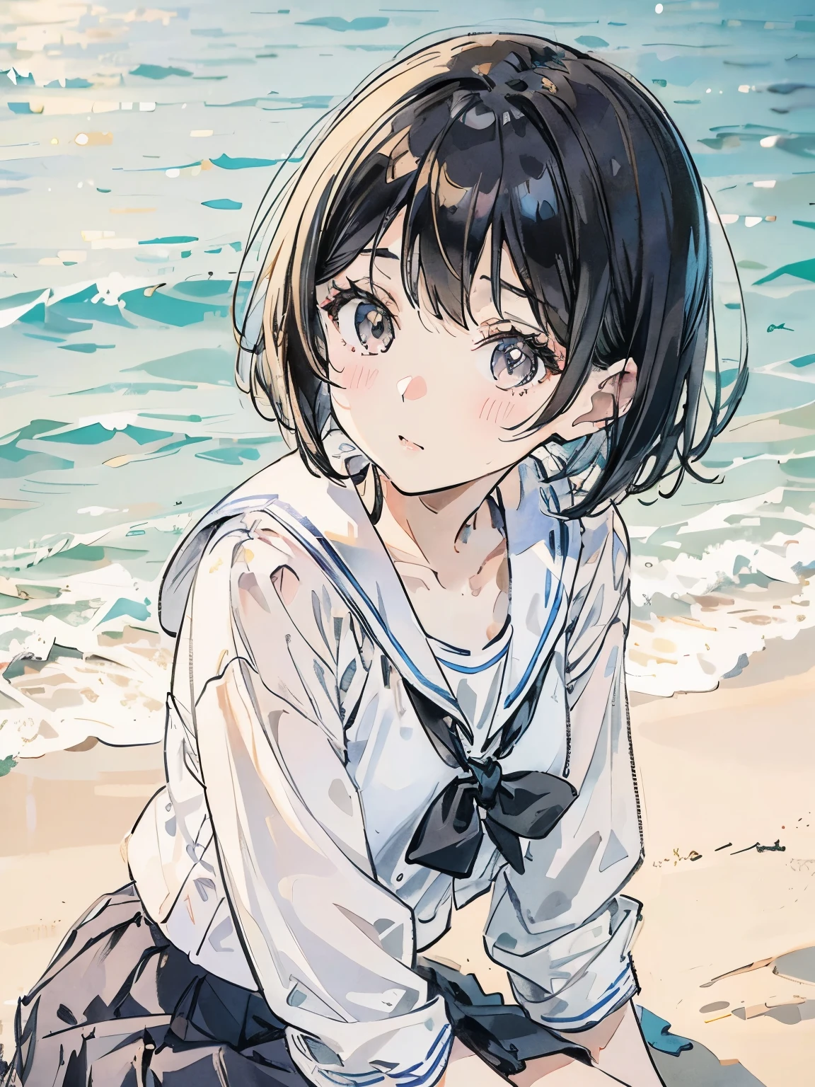 Close-up of a girl in a sailor suit with short black hair、Sit on the beach、Gravure style、white skirt、summer